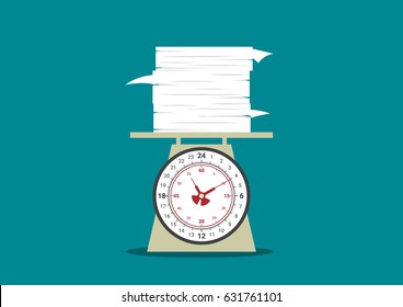 work overtime, work on day clock scales, pile of work, document paper above one day time scales, business balance concept, vector illustration