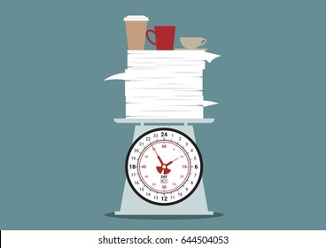 work overtime, work on day clock scales, pile of work with cup of coffee, document paper and coffee above one day time scales, business balance concept, vector illustration