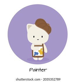 Work as painter. Simple cute cat character profession as painter. Introduction profession in the world easy to understand Flat vector illustration. 