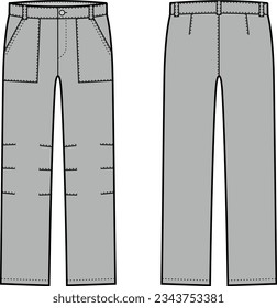 Work pants flat sketch. Working trousers apparel design. Front and back. Men CAD mockup. Fashion technical drawing template. Vector illustration.