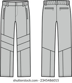 Work pants flat sketch. Working trousers apparel design. Front and back. Men CAD mockup. Fashion technical drawing template. Vector illustration.