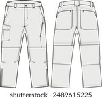 Work pants technical fashion illustration featuring a basic design with zip and cargo pocket