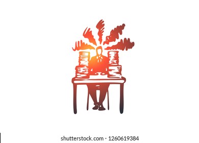 Work, paper, busy, stress, job concept. Hand drawn overtime work concept sketch. Isolated vector illustration.