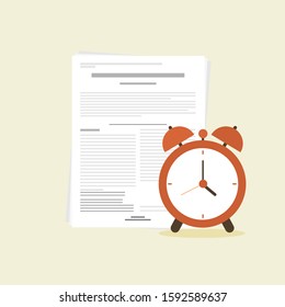 work and paper deadline reminder with document paper and alarm clock flat design vector illustration