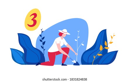 Work in the park, garden, landscape design, planting young trees, landscaping. Vector illustration in flat cartoon style.