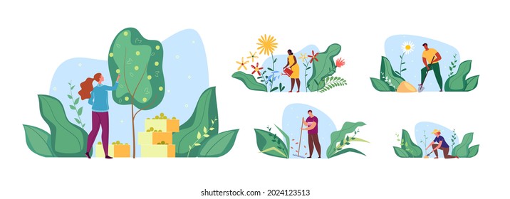 Work in the park, garden, landscape design, planting young trees, landscaping. Vector illustration in flat cartoon style.