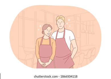 Work or part-time job for young people, occupation concept. Young smiling man and woman waiters cartoon characters in red aprons standing in restaurant. Job specialist, working sphere illustration