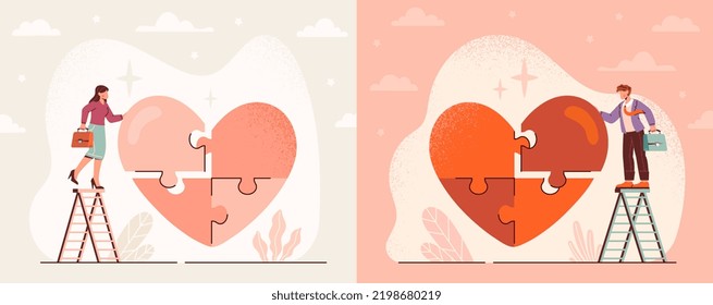 Work passion concept. Set of Entrepreneurs assembling heart shaped puzzle. Metaphor for motivation to achieve success and career growth. Love for work. Cartoon flat vector illustration collection