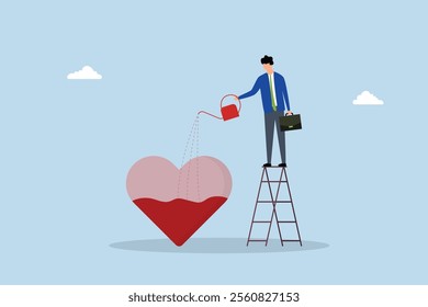 Work passion, entrepreneur pouring water to complete heart shape symbolizing fervor. 