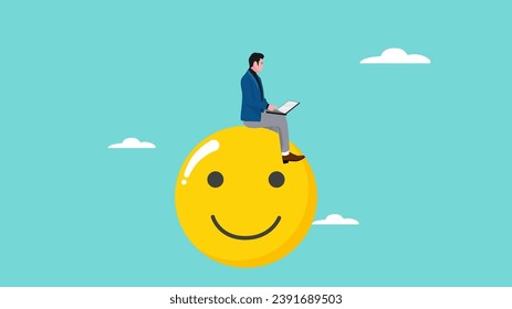  work passion illustration with the concept of a businessman working on a laptop comfortably while sitting on a smiling emoticon, work according to passion, enjoy work concept illustration
