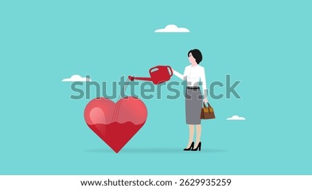 work passion, mindset or attitude to work according to our talents and interests, Businesswoman pouring water to fill heart shaped metaphor of passion vector Illustration
