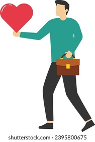 Work passion to motivate and inspire employees to achieve career success, happy businessman holding heart shape passionate walking to work, love your job or happy and enjoy dream job concept.

