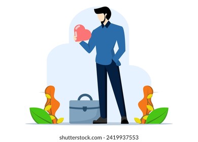 Work passion to motivate and inspire employees to achieve career success, happy businessman holding excited heart shape walking to work, loving your job or happy and enjoying dream job concept.