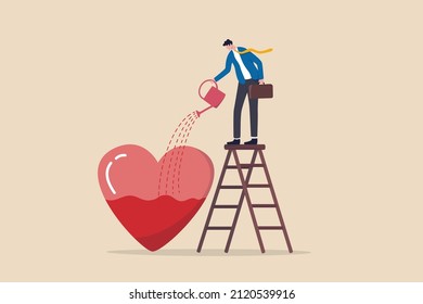 Work passion, motivation to success and win business competition, mindset or attitude to work in we love to do concept, businessman pouring water to fulfill heart shape metaphor of passion.