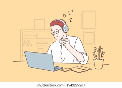 Work pause, take break concept. Office worker listening to music, young man working on laptop in headphones, freelancer workplace, employee cabinet, project manager workflow. Simple flat vector