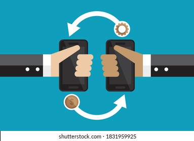 Work and pay salary through mobile, Vector illustration in flat style