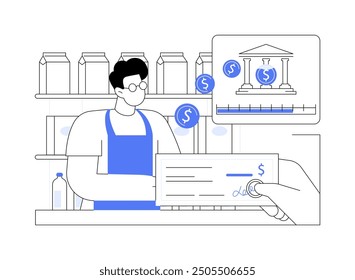 Work for paying debt isolated cartoon vector illustrations. School graduate works at the supermarket checkout to pay college debt, admission process, student financial problems vector cartoon.