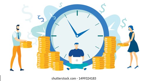 Work Payment, Salary Flat Vector Illustration. Freelancer And Investors Cartoon Characters. Man Sitting With Laptop, People Invest Money. E Business, Internet Banking, Deposit System. Profit Growth