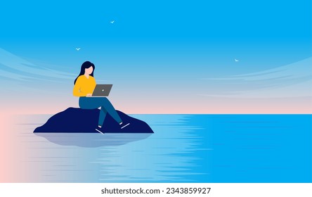 Work in peace and silent - Person working on laptop computer alone in solitude on deserted island far away from everything. Remote work concept, flat design vector illustration