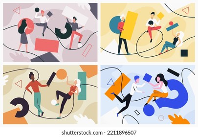 Work of people with geometric shapes and figures set vector illustration. Cartoon characters arrange and collect question mark, colorful triangle and circle, carry rectangle silhouettes together