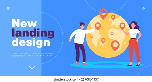 Work of people on global business expansion. Tiny man and woman standing near globe with pointers flat vector illustration. Franchise, strategy concept for banner, website design or landing web page