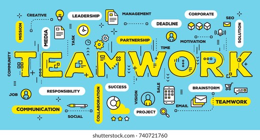 Work people together concept. Vector creative illustration of teamwork yellow word lettering typography with line icons and tag cloud on green background. Thin line art style design of teamwork banner