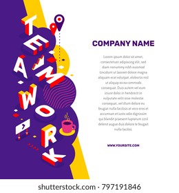 Trabajar juntos concepto. Vector ilustración abstracta creativa de la tipografía de letras 3d en equipo con elemento de decoración, texto en fondo de color. Diseño isométrico para banner de trabajo en equipo de negocios
