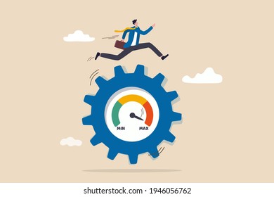 Work performance evaluation, full efficiency or maximum productivity, ambition or motivation to growth in business concept, ambitious businessman running at full speed to rotate measure cogwheel gear.