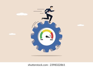 Work performance evaluation, maximum productivity, ambition to grow in business success concept, ambitious businessman running at full speed to turn the cogwheel gears.