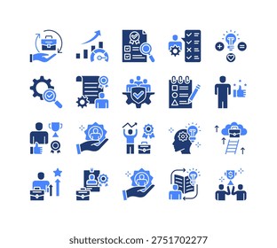 Work Performance Icon Collection, featuring Responsibility, Efficiency, Evaluation, Good Feedback, Rating, Credibility, Reputation, Integrity, Consistency, Trustworthiness, Achievement, Re.