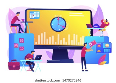 Work performance on schedule. Staff discipline. Time and attendance tracking system, office time tracking, employee time management concept. Bright vibrant violet vector isolated illustration