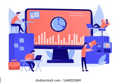 Work performance on schedule. Staff discipline. Time and attendance tracking system, office time tracking, employee time management concept. Pinkish coral bluevector isolated illustration