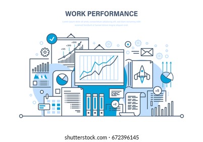 Arbeitsleistung, Qualitätskontrolle, Produktion, Arbeitsplatz, Teamwork, Leistungsbewertung, Ergebnisanalyse, Planung, Start-up, Erfolgsgeschäft. Illustration dünner Linie Design der Vektordoodles.