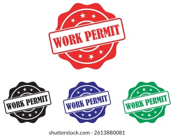 Work permit badge icons with bold permit label inside circular stamp designs used for authorized work approval, employee permission and official marking.