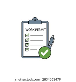 Work Permit Checklist Icon Featuring a Clipboard with Task Items and an Approval Checkmark, Representing Permit to Work Documentation, Safety Authorization, and Workplace Compliance Procedures