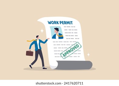 Work permit document approved, contract agreement athority, legal paperwork for employment with stamp signature, immigration permission concept, businessman employee with  approved work permit paper.