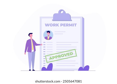 Work permit document approved, legal paperwork for employment. Vector illustration.
