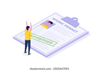 Work permit document approved, legal paperwork for employment. Vector illustration.