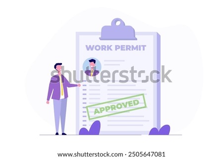 Work permit document approved, legal paperwork for employment. Vector illustration.