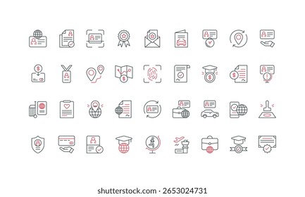 Work permit, student and travel visa request and approval status, immigration line icon set. Approve resident certificate, immigrant documents thin black and red outline symbols vector illustration