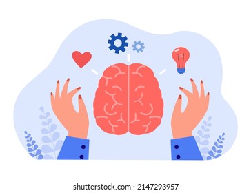 Work of person with rational and feeling side of brain. Hands and abstract head with heart and light bulb flat vector illustration. Psychology concept for banner, website design or landing web page