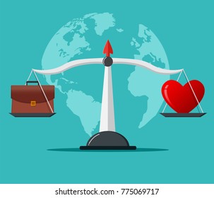 work and personal life balance concept , Bag and heart on scales . vector illustration.