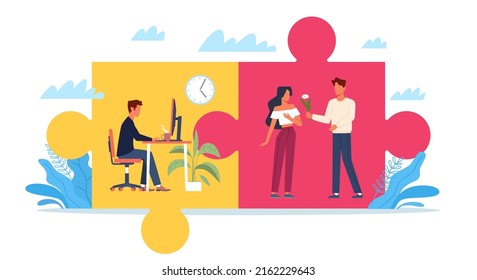 Work And Personal Life. Money And Love Choice, Career Or Family Dilemma, Man In Office And On Date, Priority In Life, Professional Growth, Two Puzzle Pieces, Vector Cartoon Flat Concept