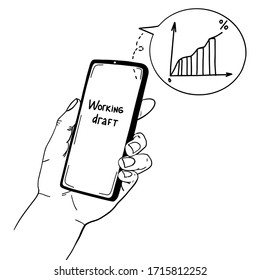 Work from the phone online, remote work in connection with quarantine. Self isolation. Hand holds the phoneDoodle. Vector illustration. Quarantine positive doodle icons, home elements. Isolated,white