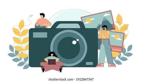 The work of a photographer. People are taking pictures. Professional digital camera. Vector flat illustration