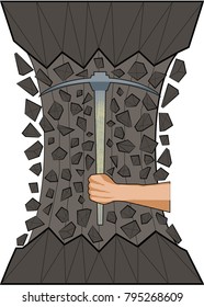 Work as a pickaxe in the mountains in geological exploration. Vector image
