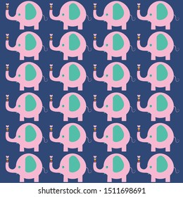 The work of the pink elephant figurines are arranged in a blue background pattern.