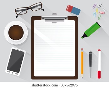 work place aerial view with realistic clipboard and empty white paper with copy space, flat design with shadow