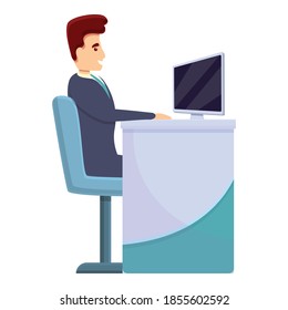 Icono del cajero de banco del lugar de trabajo. Caricatura del lugar de trabajo icono del vector del cajero de banco para el diseño web aislado en fondo blanco