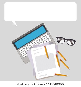 Work place with blank speech bubble for text. Vector illustration